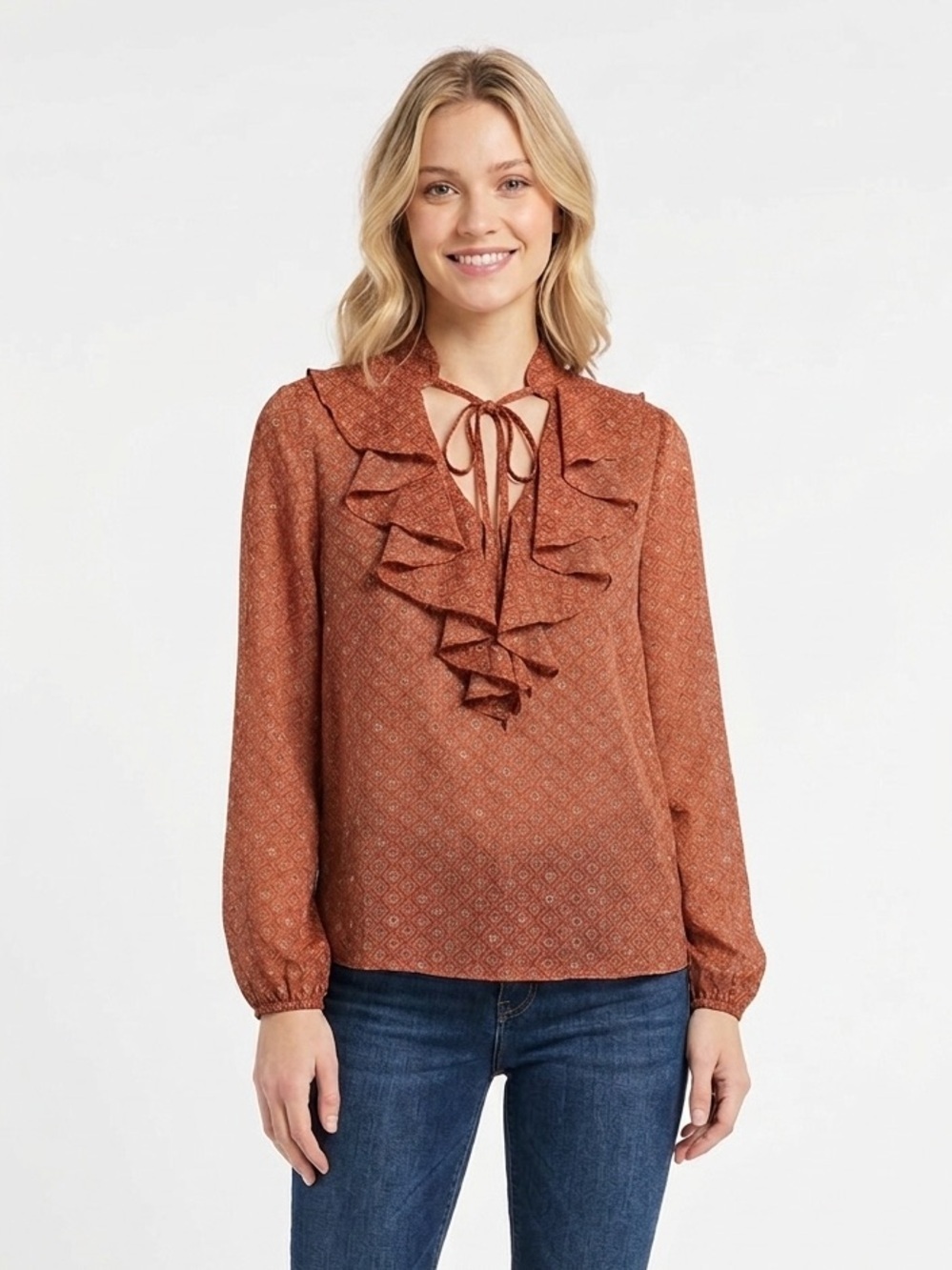 Molly Bracken western long sleeve sheer tie neck high neck ruffle blouse small